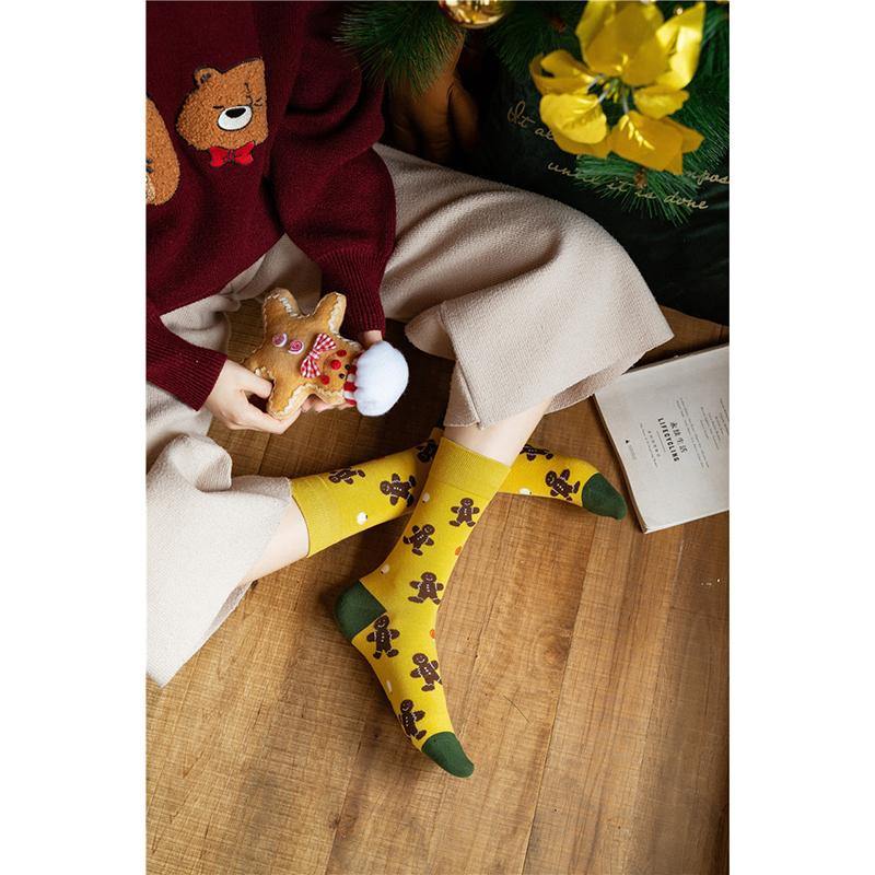 Womens Christmas Pattern Jingle Bell Tree Happy Fashion Cute Crew Socks 4 Pairs - CHALIER