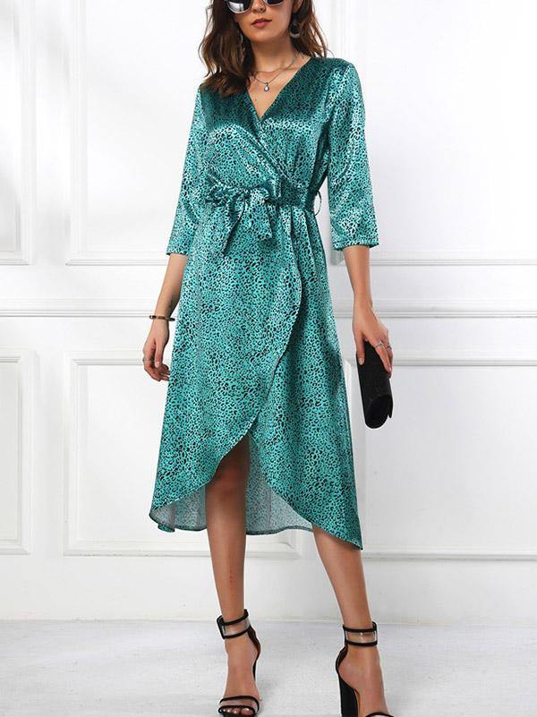 Women's Causual Smooth Floral Leopard Print Dress Long Sleeve - CHALIER