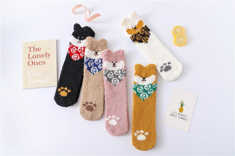 Womens Winter Soft Slipper Cozy Cartoon Socks 5 Pairs Fuzzy Cute Puppy Socks Set - CHALIER