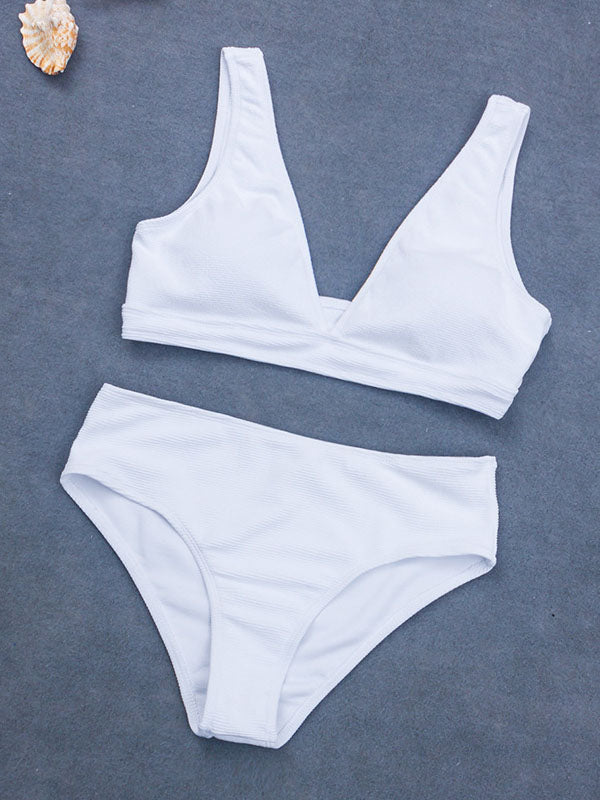Women's Sexy Two Piece Solid Color Bikini Deep V-Neck
