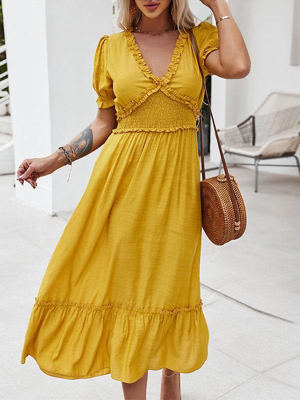 Women's Casual V-Neck Holiday A-line Beach Midi Dress - CHALIER