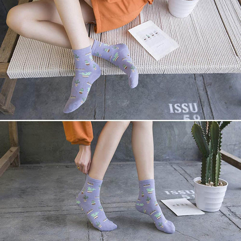 Womens Socks Cactus Print Cartoon Cotton Socks 5 Pairs Gift