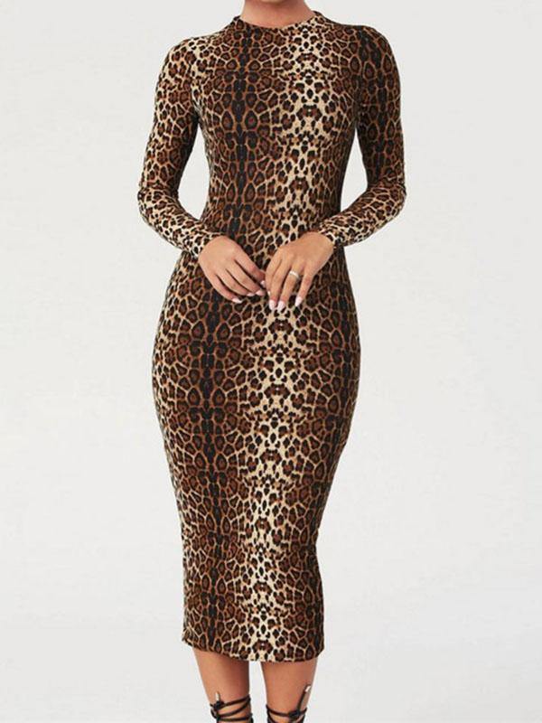 Women's Sexy Leopard Print Sheath Crew Neck Long-sleeve High Waist Midi Dress - CHALIER