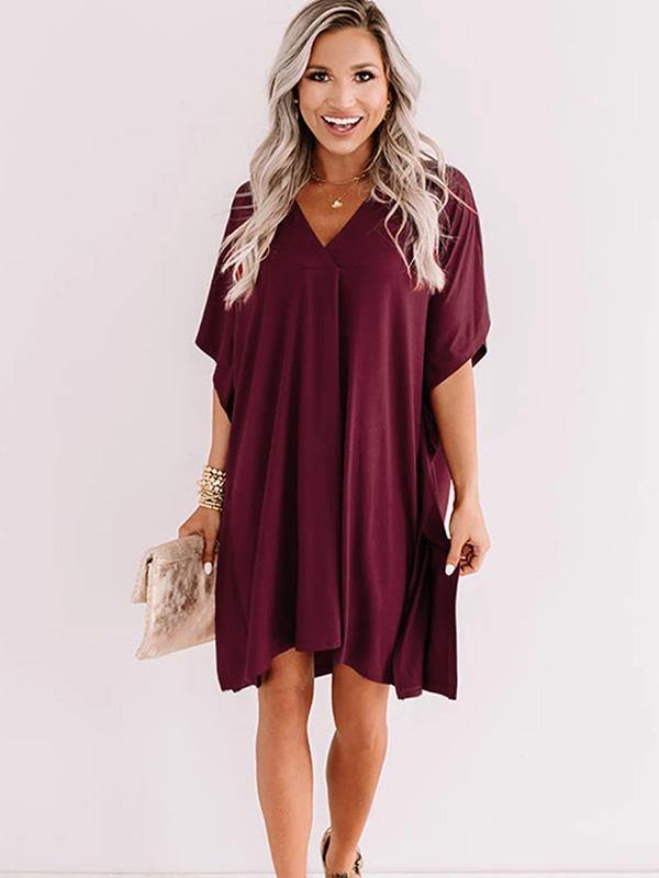 Women's Dresses Casual V-neck Short Sleeve Loose Knee-length T-shirt Mini Dress - CHALIER