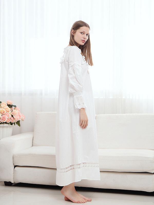Women's Elegant Vintage Nightdress Cotton Long Sleeve Pyjamas Girls White Dress - CHALIER