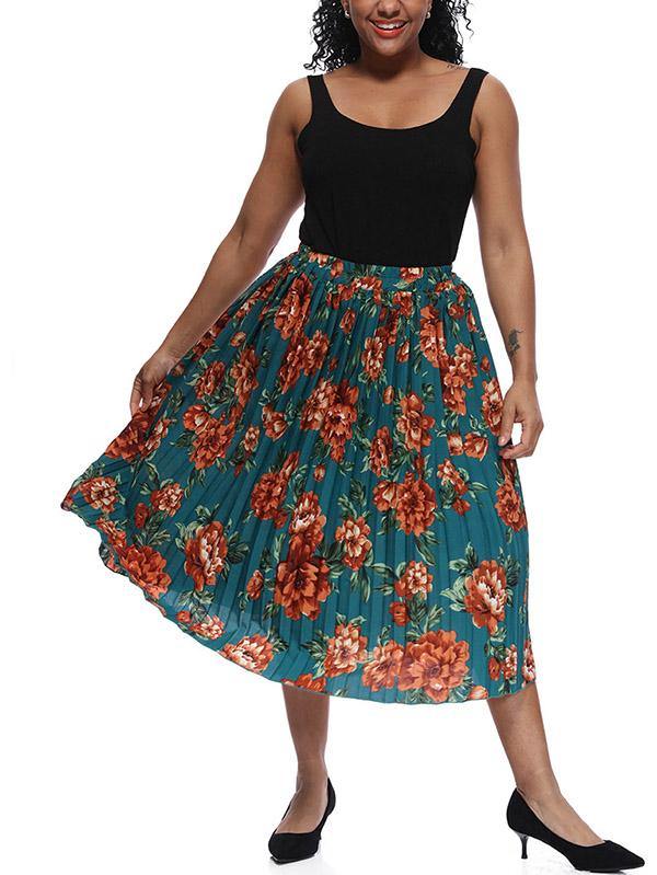 Women's Printed Chiffon Pleated Skirt Plus Size Midi Skirts - CHALIER