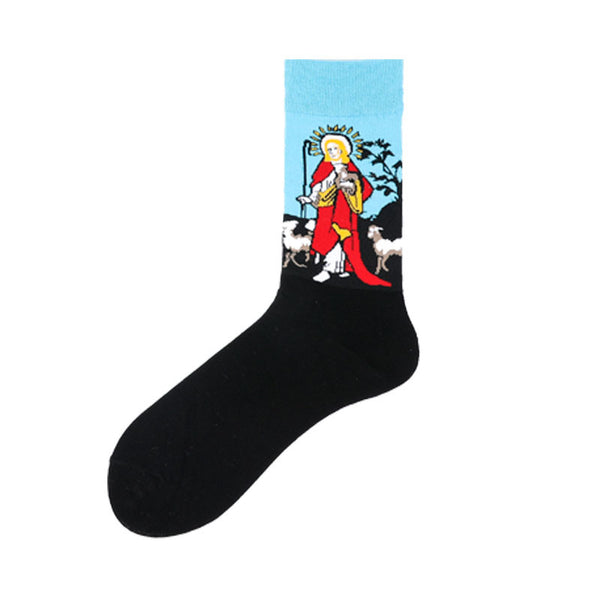Chalier Mens Casual Crew Art Jesus Black Socks