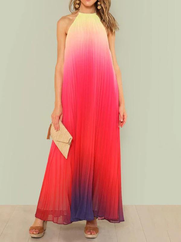 Women's Gradient Chiffon Pleated Maxi Pink Halter Dress Beach Holiday - CHALIER