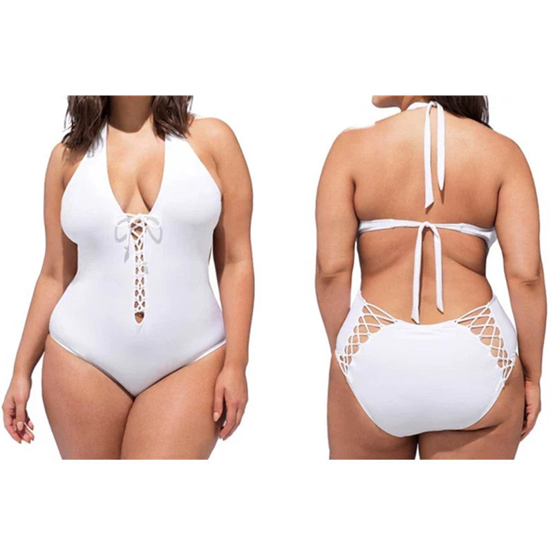Women's Sexy Plus Size Halter Lace Up One-Piece Swimsuit