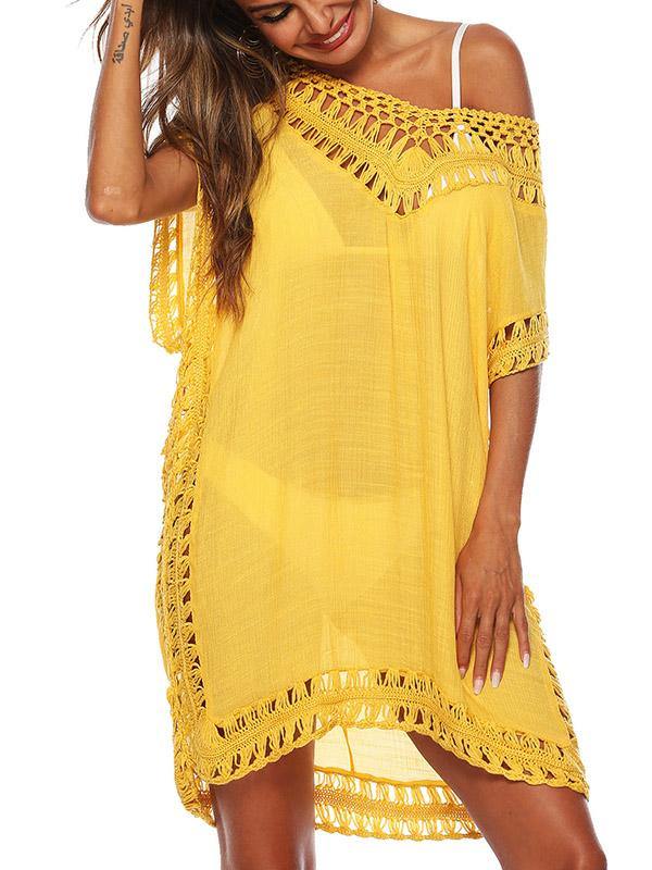 Women's Sexy V-Neck Swimsuit Blouse Beach Dress Crochet Bikini Mini Dress - CHALIER