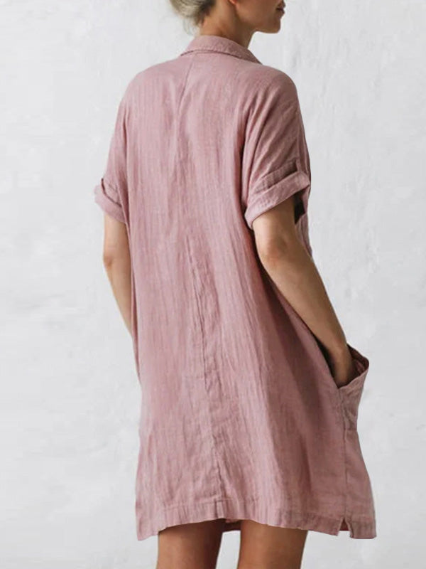 Women's Cotton Linen Asymmetrical Mini Dress Plus Size Casual Shirt Dress Half Sleeve