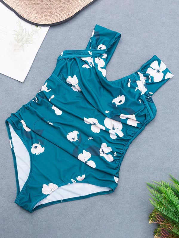 Women's One Piece Bikini Pleated Wide Strap Swimsuit Green