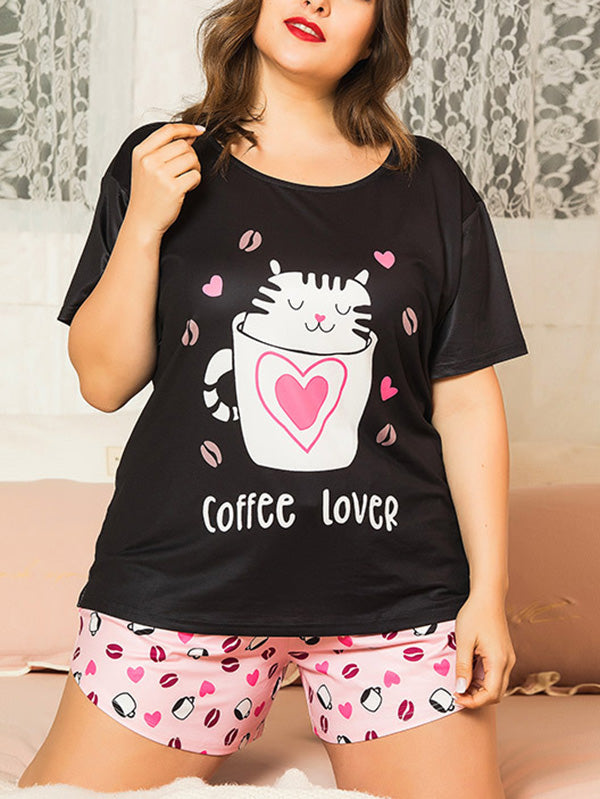 Women's Cartoon Loungewear Plus Size Cute Cat Pajamas Short Sleeve