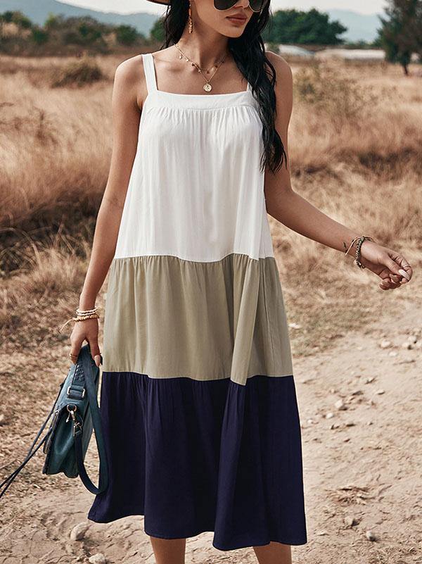 Women's Cotton Loose Halter Midi Sleeveless Dress ColorBlock Holiday with Big Swing - CHALIER