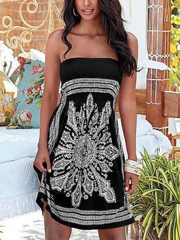 Women's Floral Print Strapless Tube Mini Dress Holiday - CHALIER