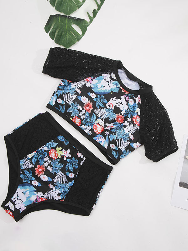 Plus Size Floral Prints Two-Piece Swimsuits High Waist Short Sleeve Tankini