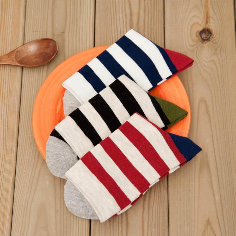 Mens Casual Crew Cotton Socks Stripes Pattern Socks Set 5 Pairs - CHALIER