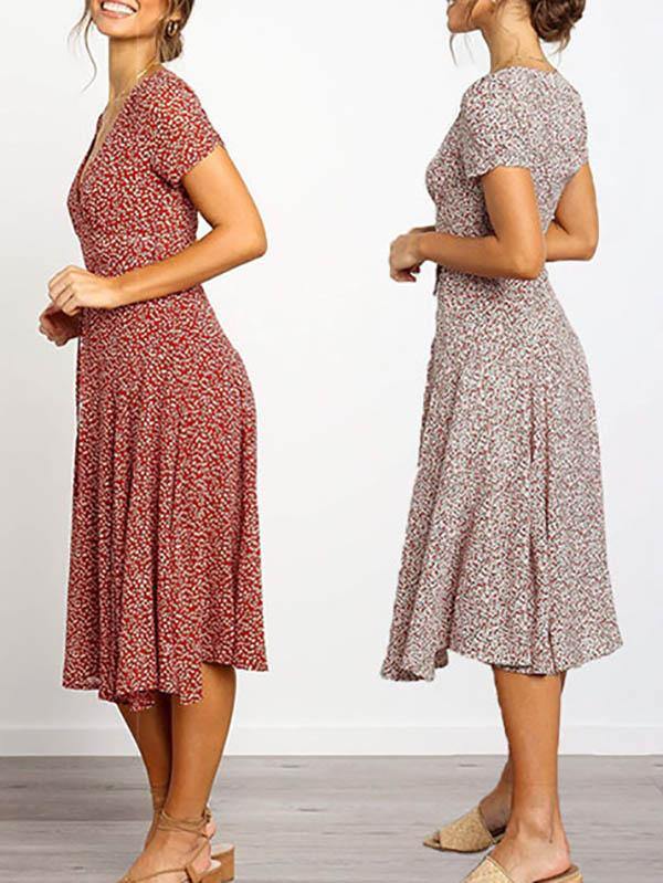 Women's Elegant Floral Printed V-neck Short-sleeved Midi Dress - CHALIER