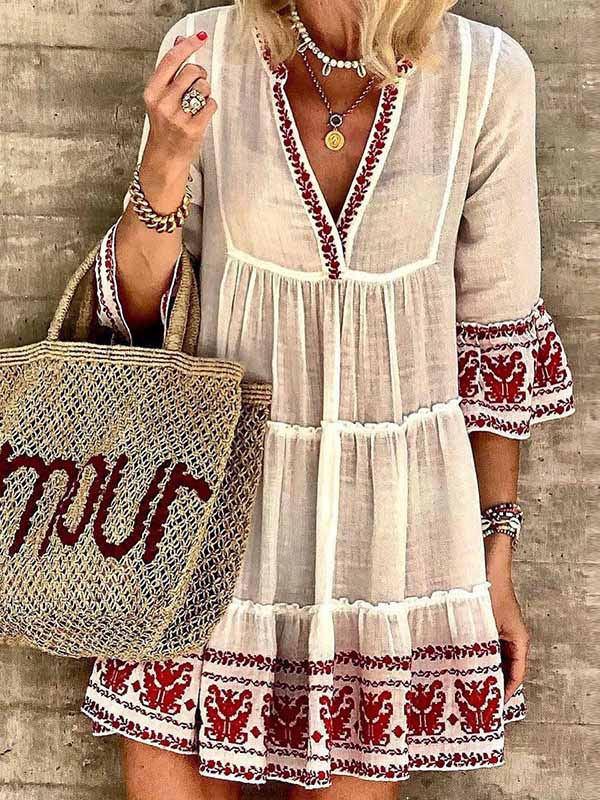 Women's Casual Floral Prints V-Neck Mini Dress Holiday