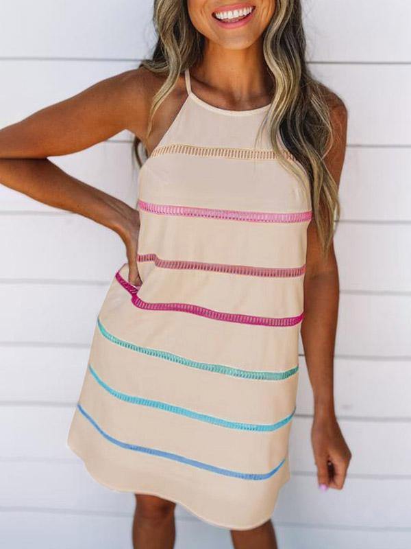 Women's Cotton Casual Rainbow  Pinstripe Midi Slip Dress - CHALIER