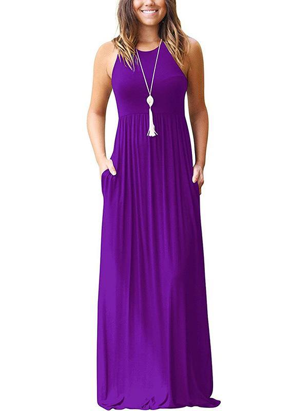 Women's Vest Beach Maxi Dress Sexy Pocket Soft Round-neck Dress - CHALIER