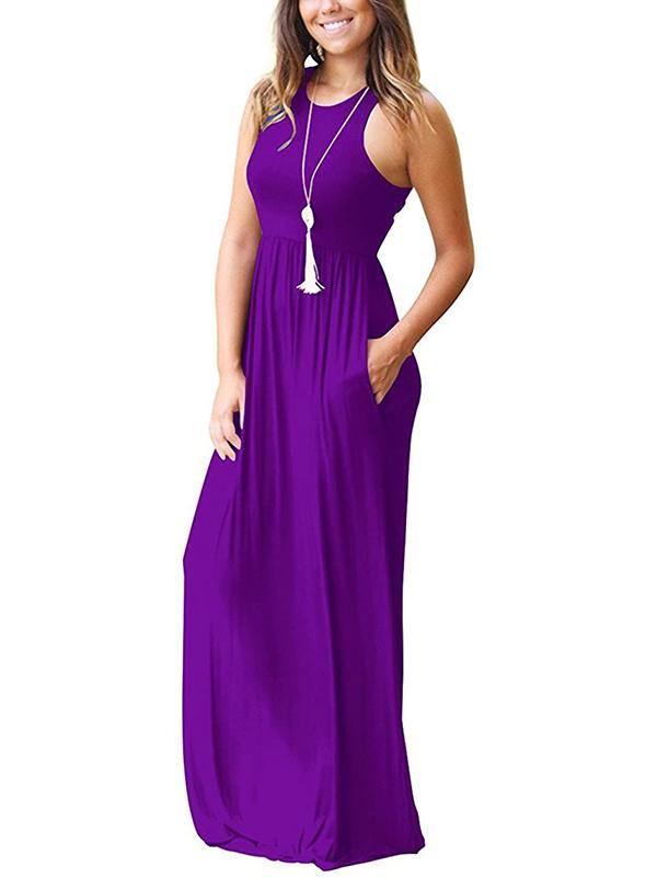 Women's Vest Beach Maxi Dress Sexy Pocket Soft Round-neck Dress - CHALIER