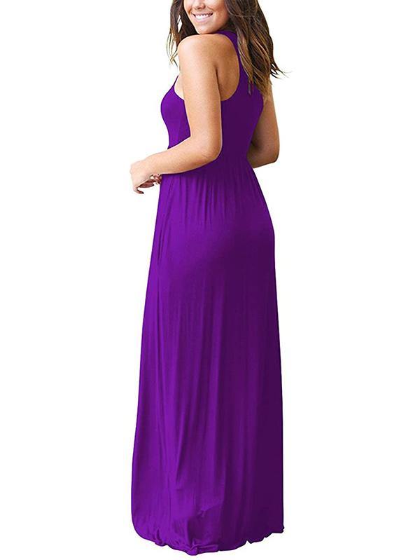 Women's Vest Beach Maxi Dress Sexy Pocket Soft Round-neck Dress - CHALIER