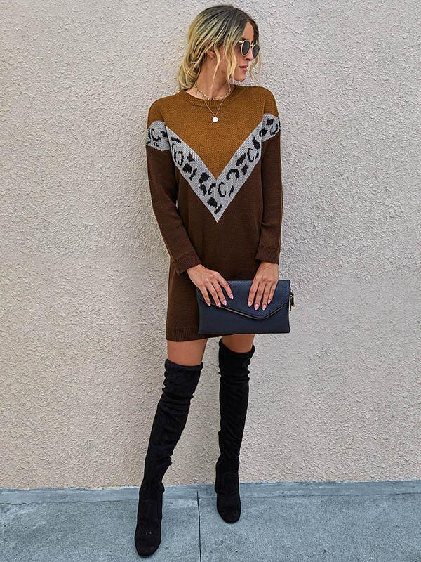 Women's Knitted Dress Leopard Print Round-Neck Long Sleeve Dress - CHALIER