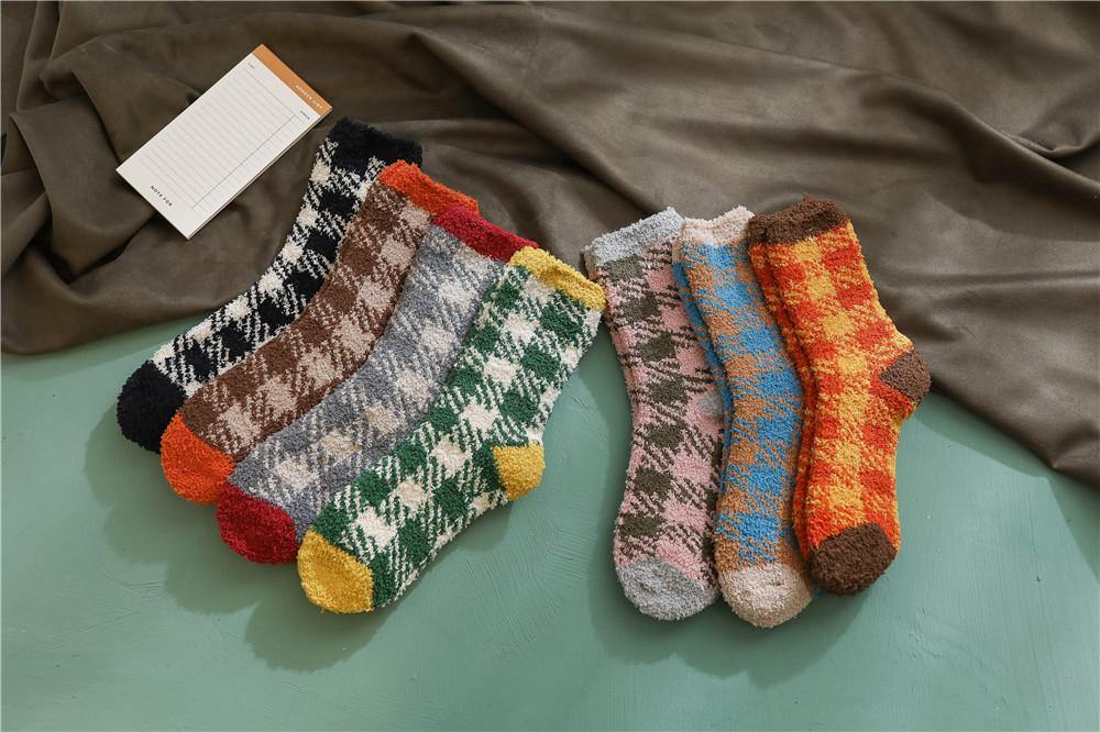 Womens Fuzzy Checkered Pattern Socks Winter Soft Slipper Cozy Fluffy Socks Gifts 7 Pairs - CHALIER