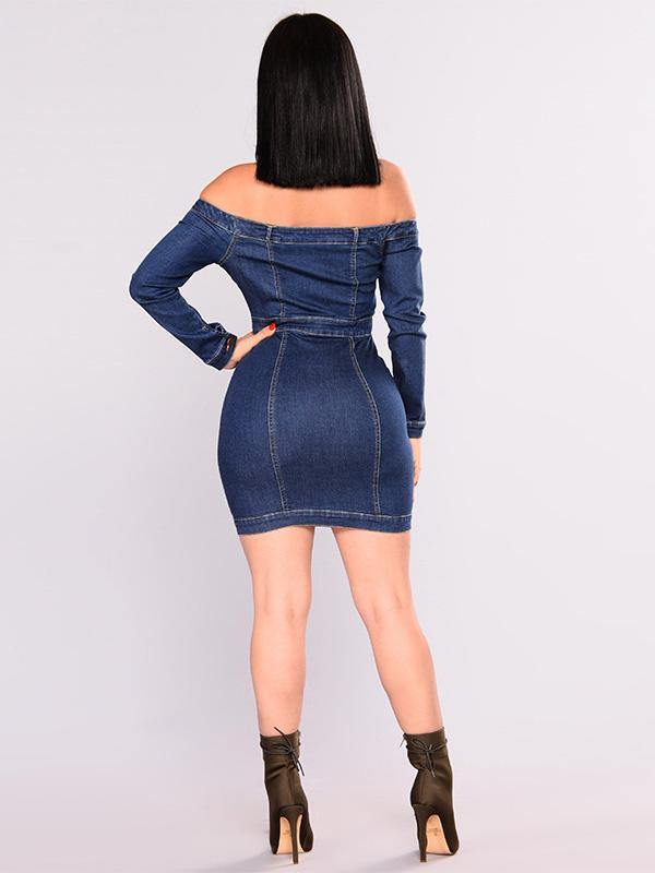 Women's Sexy Casual Denim Bodycon Dress Off Shoulder Long Sleeve Sheath Dress Plus Size - CHALIER