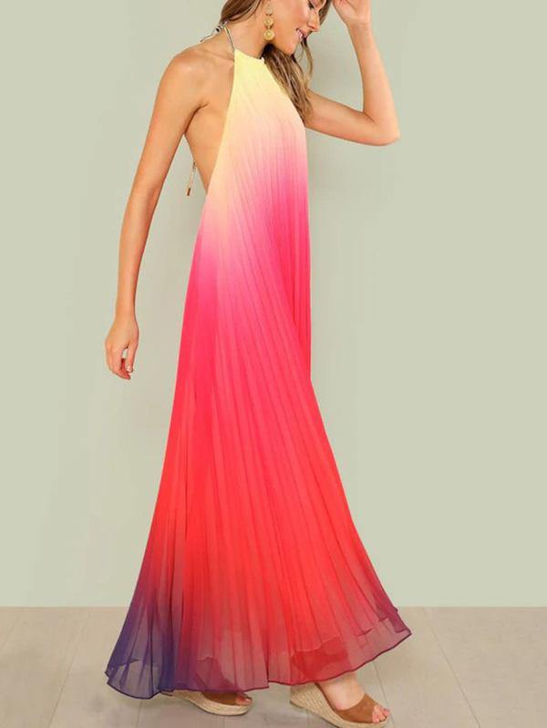 Women's Gradient Chiffon Pleated Maxi Pink Halter Dress Beach Holiday - CHALIER