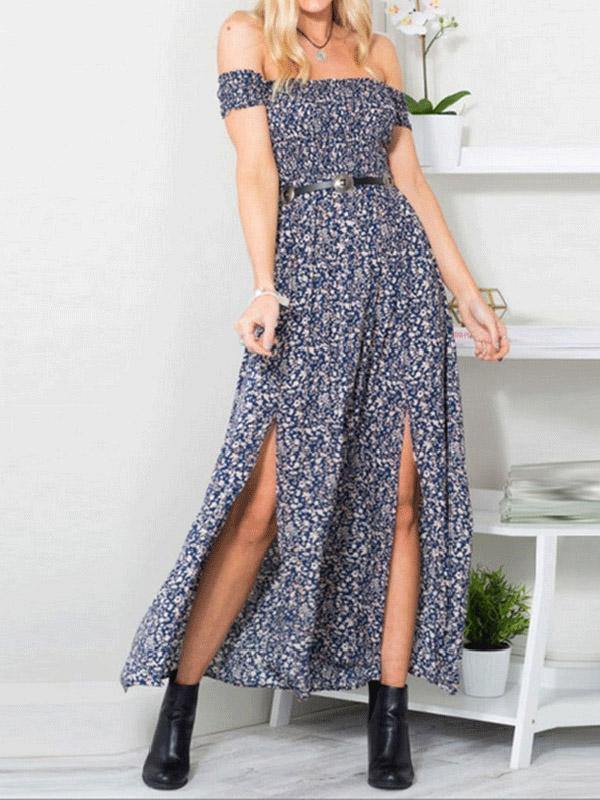 Women's Sexy Floral Print Off Shoulder Maxi Split Dress High Waist - CHALIER