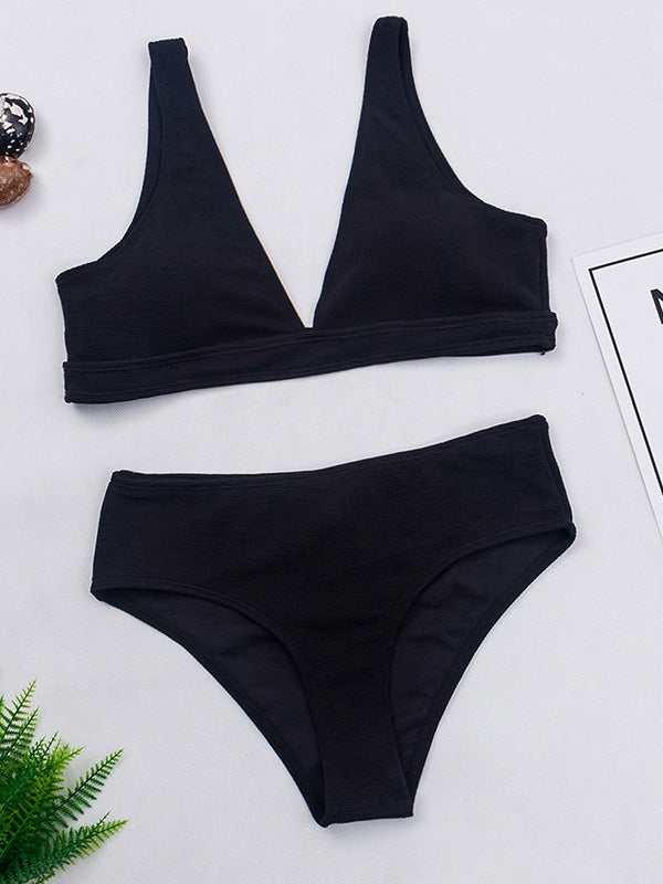 Women's Sexy Two Piece Solid Color Bikini Deep V-Neck