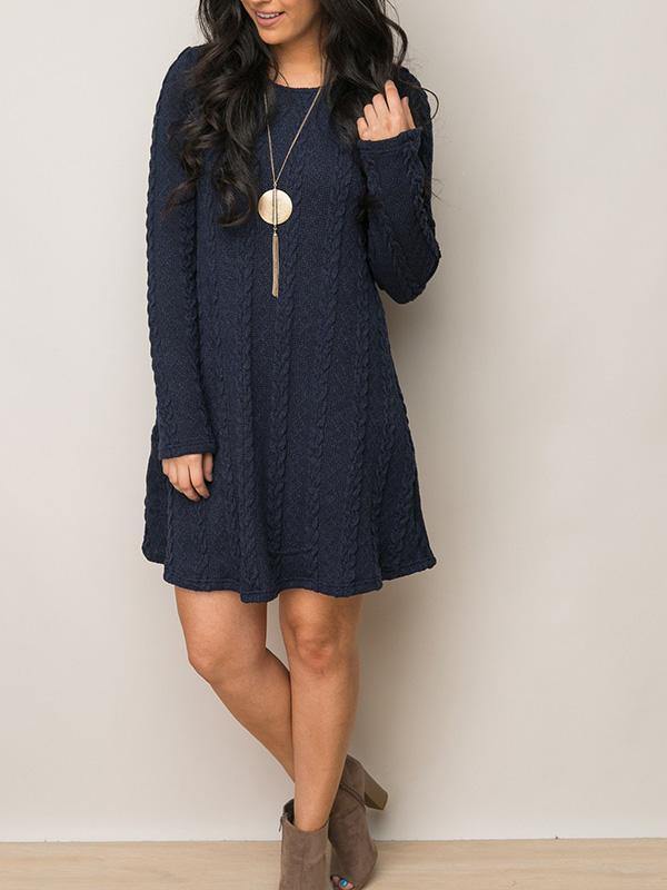 Women's Knitted Mini Dress Long-sleeve A-line Loose Casual Sweater Dress Plus Size - CHALIER