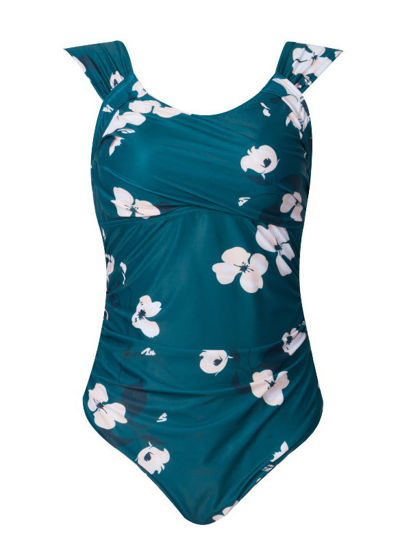 Women's One Piece Bikini Pleated Wide Strap Swimsuit Green