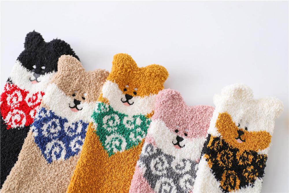 Womens Winter Soft Slipper Cozy Cartoon Socks 5 Pairs Fuzzy Cute Puppy Socks Set - CHALIER