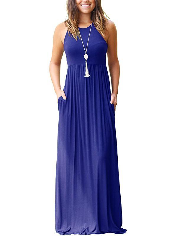 Women's Vest Beach Maxi Dress Sexy Pocket Soft Round-neck Dress - CHALIER