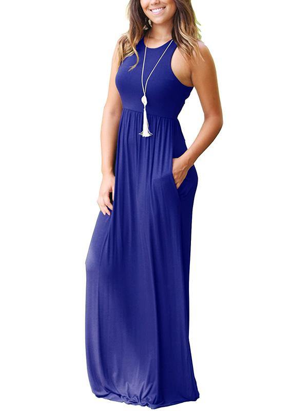 Women's Vest Beach Maxi Dress Sexy Pocket Soft Round-neck Dress - CHALIER