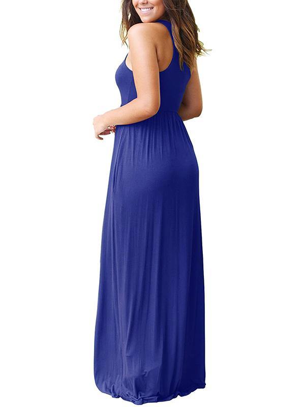 Women's Vest Beach Maxi Dress Sexy Pocket Soft Round-neck Dress - CHALIER