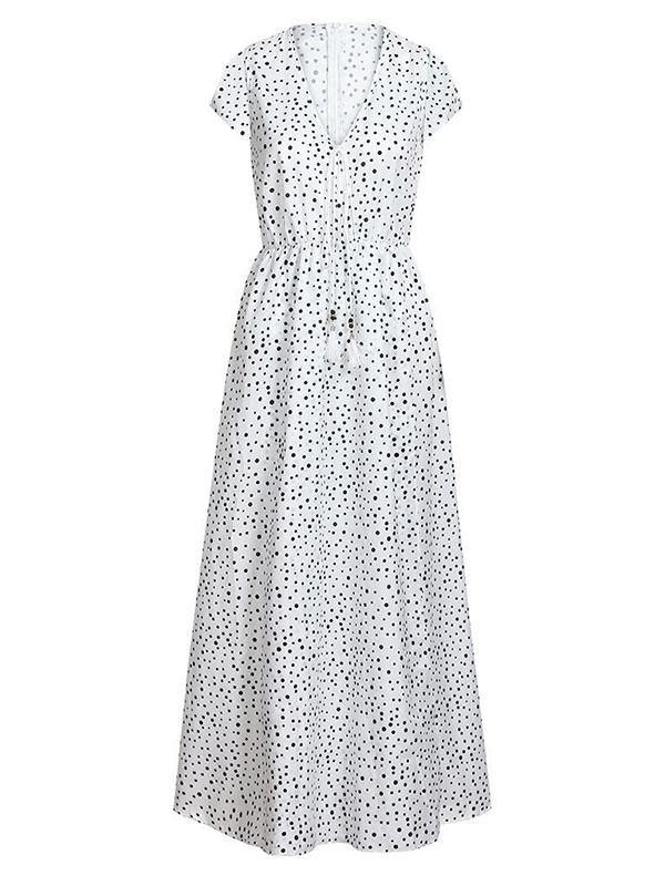 Polka Dots Short Sleeve V-Neck Boho Maxi Dress Holiday - CHALIER