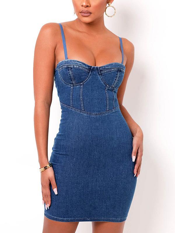 Women's Sexy Casual Denim Bodycon Slip Dress with Chest Pad and Rims Sheath Dress - CHALIER