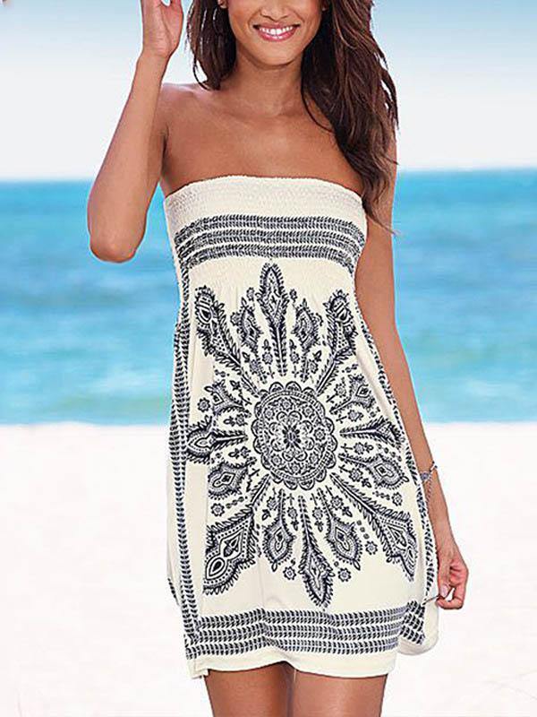 Women's Floral Print Strapless Tube Mini Dress Holiday - CHALIER