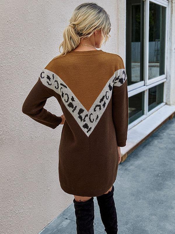Women's Knitted Dress Leopard Print Round-Neck Long Sleeve Dress - CHALIER