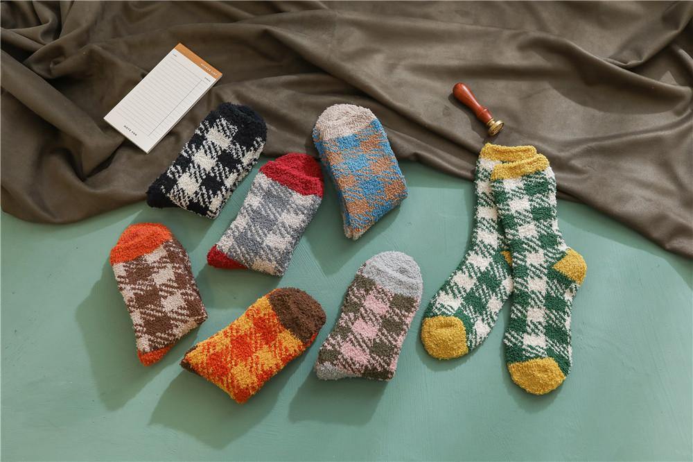 Womens Fuzzy Checkered Pattern Socks Winter Soft Slipper Cozy Fluffy Socks Gifts 7 Pairs - CHALIER
