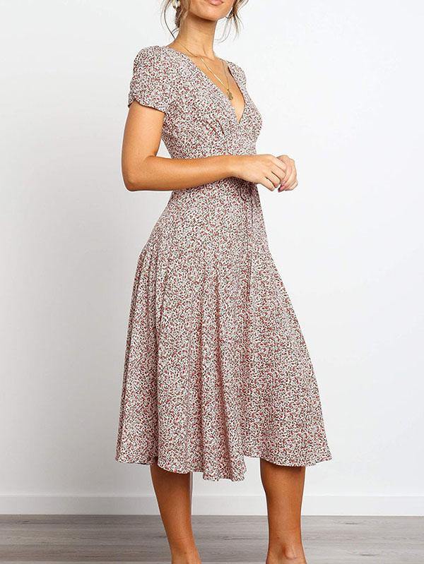 Women's Elegant Floral Printed V-neck Short-sleeved Midi Dress - CHALIER