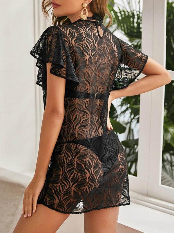 Women's Sexy Lace See-Through Wave Pattern Mesh Beach Mini Dress Smock - CHALIER