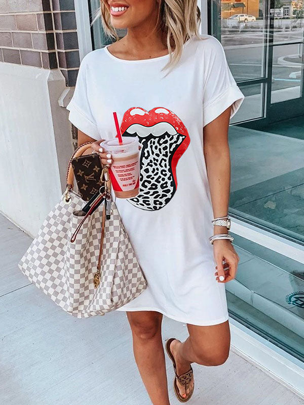Women's Casual T-Shirt Mini Dress Crew Neck Lips Prints Short Sleeve