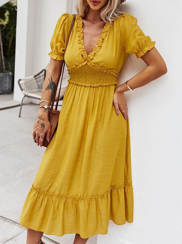 Women's Casual V-Neck Holiday A-line Beach Midi Dress - CHALIER