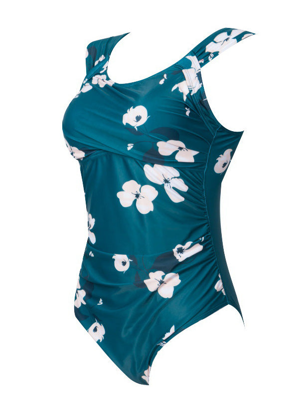 Women's One Piece Bikini Pleated Wide Strap Swimsuit Green