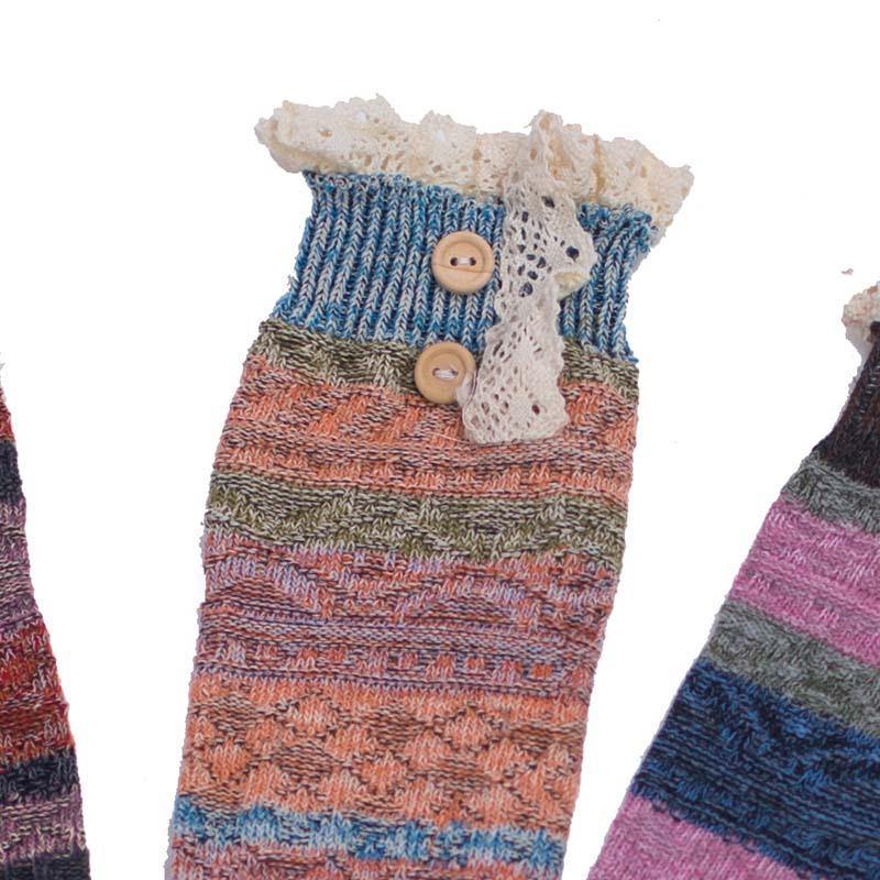 Womens Winter Cozy Knitted Cotton Lace Edge Knee-length Socks Girls Stripes Stockings - CHALIER